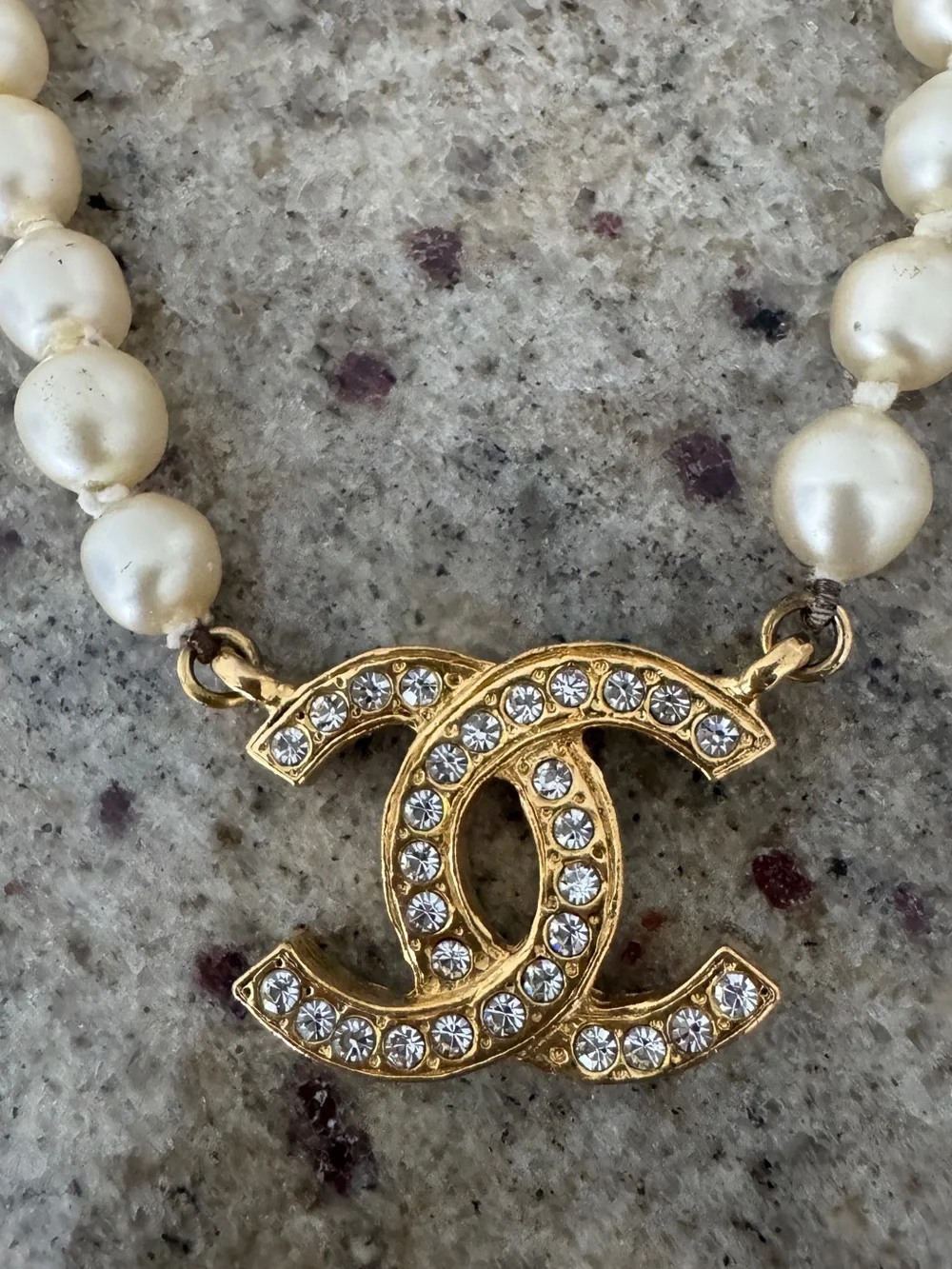 70s Chanel Necklace Pearl Strass Crystal Gold Plated Pendant Collar Collier